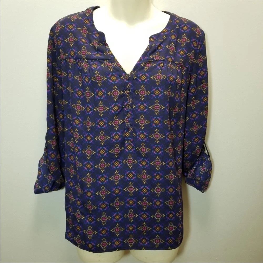 NWOT Skies Are Blue Silky Print Blouse Roll Sleeve Women S - Picture 4 of 10